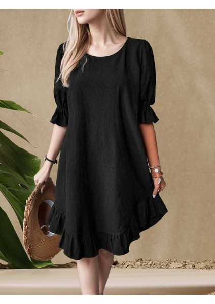 Eyesof Kadın Kısa Kollu Kol ve Eteği Volanlı Bisiklet Yaka Aerobin Elbise