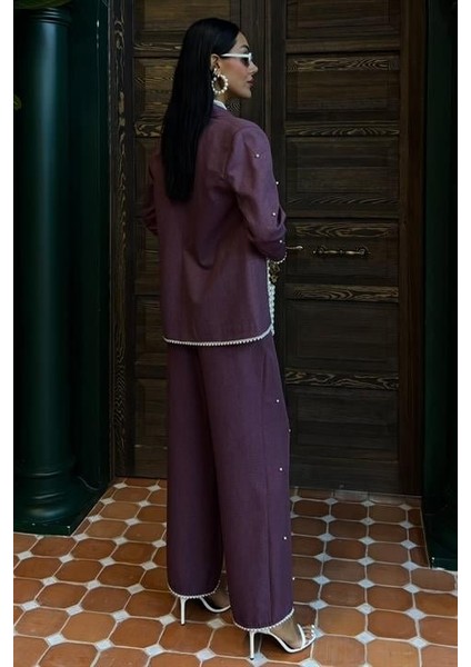 Eyesof Inci Detaylı Ceket Pantolon Keten Takım 10124