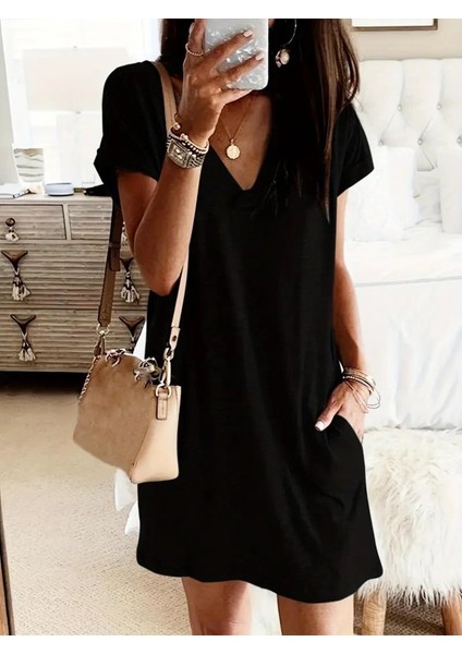 Eyesof Kadın Kısa Kollu V Yakalı Cepli Kısa Viskon Elbise fiyatları