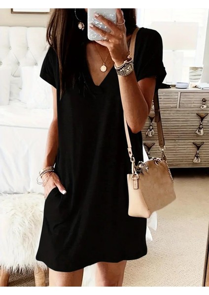 Eyesof Kadın Kısa Kollu V Yakalı Cepli Kısa Viskon Elbise fırsatları