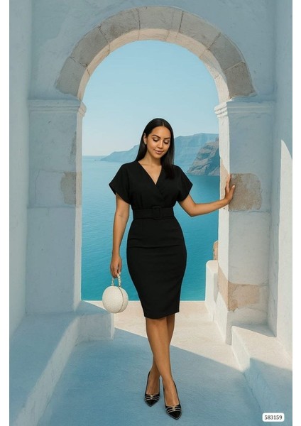 Eyesof Kadın Dalgıç Krep V Yaka ve Sırt Dekolte Detaylı Elbise indirimleri