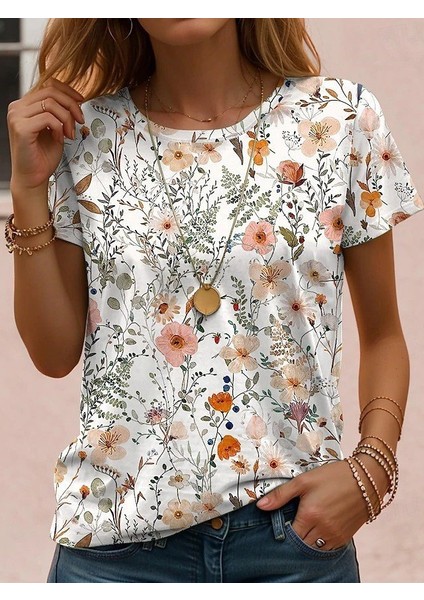 Eyesof Kadın Kısa Kollu Bisiklet Yaka Çiçek Desenli Viskon Bluz modelleri