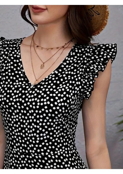 Eyesof Kadın Kısa Kollu V Yakalı Desenli Fırfırlı Süprem Elbise modelleri