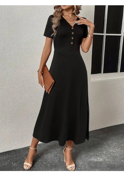 Eyesof Kadın Kısa Kollu V Yakalı Önden Düğmeli Yırtmaçlı Midi Viskon Elbise fiyatları