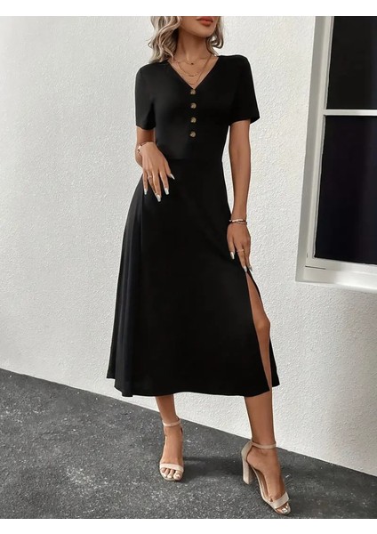 Eyesof Kadın Kısa Kollu V Yakalı Önden Düğmeli Yırtmaçlı Midi Viskon Elbise fırsatları