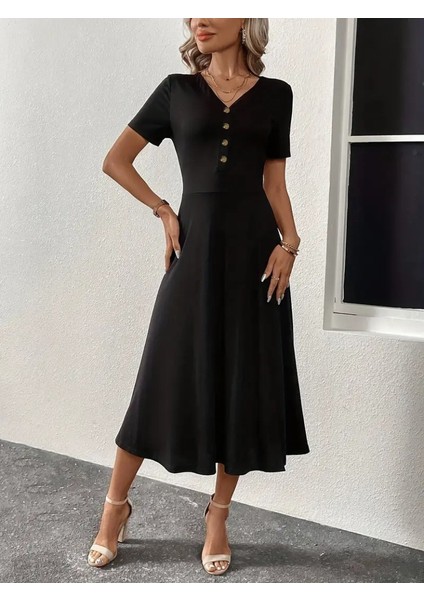 Eyesof Kadın Kısa Kollu V Yakalı Önden Düğmeli Yırtmaçlı Midi Viskon Elbise indirimleri
