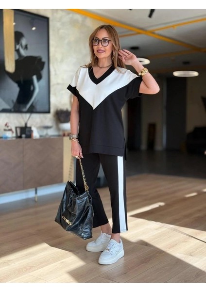Eyesof Kadın Kısa Kollu V Yaka Siyah Beyaz Renkli Viskon Iki Iplik Kumaş Eşofman Takımı modelleri