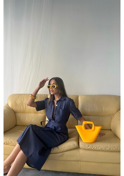 Eyesof Tencel Önden Düğmeli Kısa Kol Elbise - Mavi fırsatları