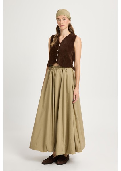 Kadın Haki Lastikli Uzun Astarlı Balon Etek 29004
