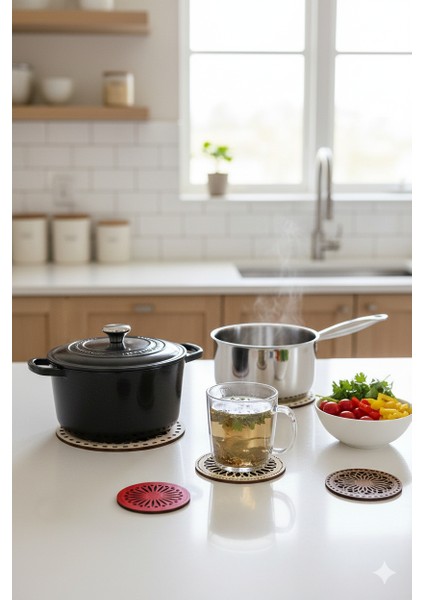 8'li Büyük Boy ve Küçük Boy Ahşap Tencere, Tava, Çaydanlık ve Bardak Altlık Nihale Seti 8 fiyatları