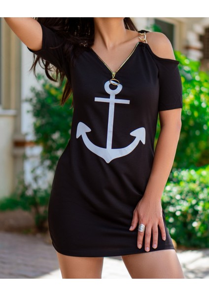 Eyesof Fermuar Detay Çıpa Baskılı Zincir Askılı Viskon Elbise