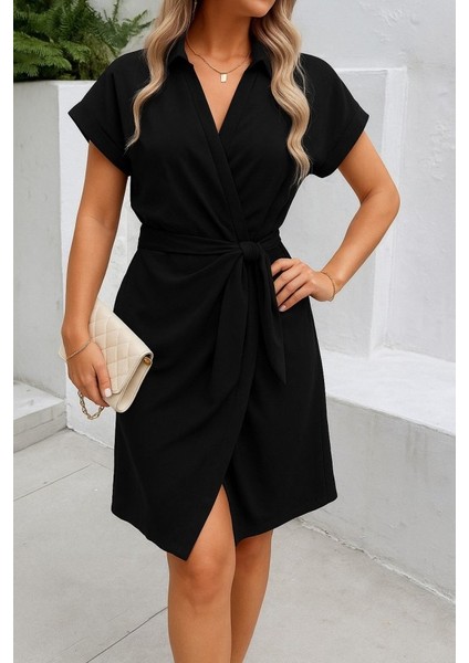 Eyesof Kadın Kısa Kollu Yakalı Yandan Bağlamalı Dokuma Elbise