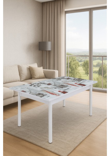 Yandan Açılır Büyüyen Cam Mutfak Masası Dünya Desen Beyaz Ayaklı 70X110