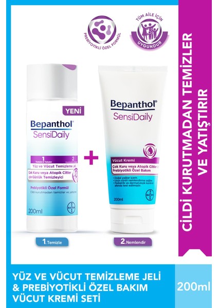 Sensidaily Günlük Vücut Bakım Kremi 200ML + Yüz ve Vücut Temizleme Jeli 200ML - Çok Kuru Atopik Ciltler