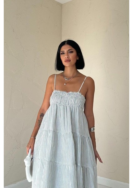 Eyesof Mavi Askılı Parçalı Çizgili Müslin Elbise