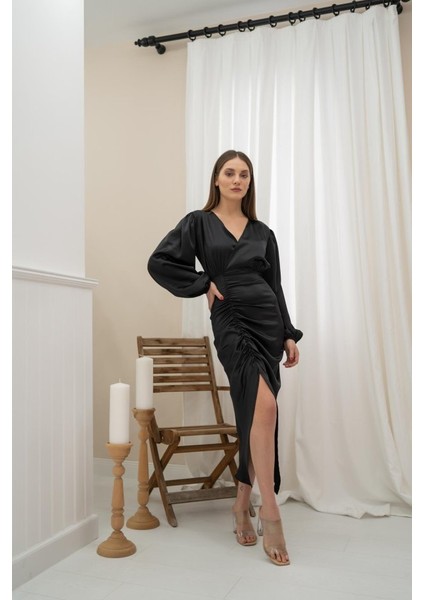 Eyesof Siyah V Yaka Saten Elbise indirimleri