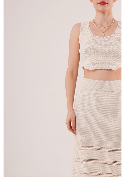 Eyesof Örme Detaylı Etek ve Bluz Krem Takım