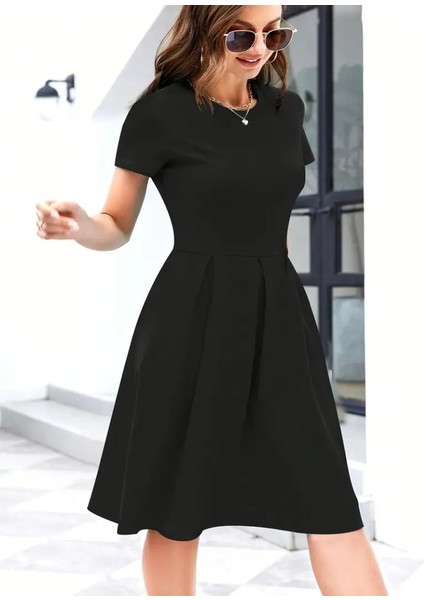 Eyesof Kadın Kısa Kollu Bisiklet Yaka Önden Pile Detaylı Janjan Krep Elbise fiyatları