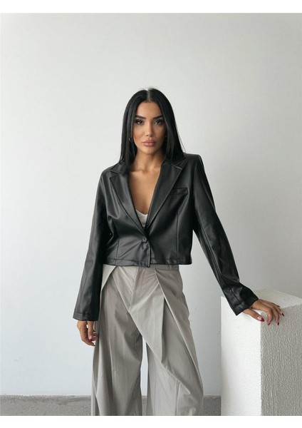 Eyesof Deri Crop Ceket Tek Düğme - Siyah