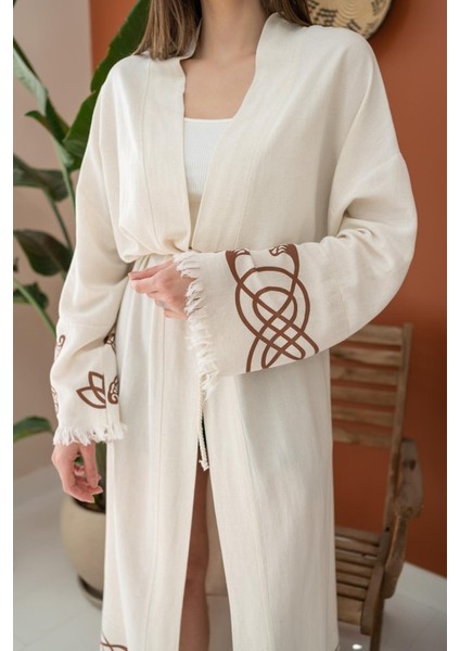 Eyesof Kahverengi Baskı Detay Keten Hırka fırsatları