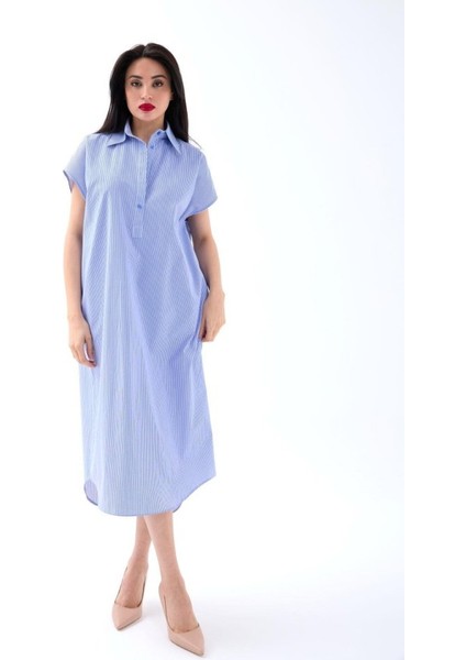 Eyesof 7450 Elbise-Mavi Beyaz Çizgili