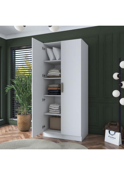 BA136 Gardırop 2 Kapaklı Seyyar Raflı Elbise Dolabı Beyaz