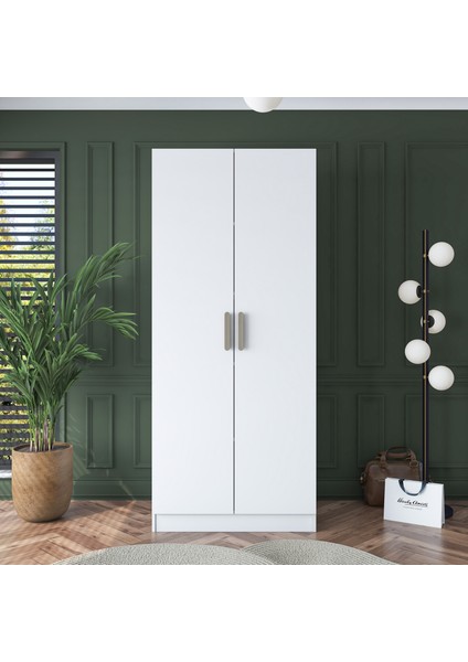 BA136 Gardırop 2 Kapaklı Seyyar Raflı Elbise Dolabı Beyaz fırsatları