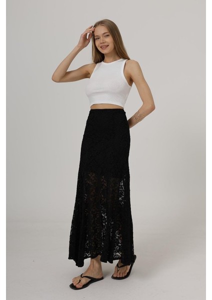 Eyesof Bel Lastikli Dantel Etek - Siyah