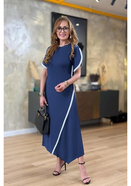 Eyesof Kadın Kısa Kollu Bisiklet Yaka Çift Şerit Renk Detaylı Asimetrik Kesim Viskon Iki Iplik Elbise