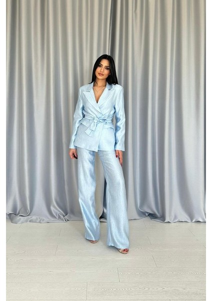 Eyesof Mavi Beli Kuşaklı Ceket ve Pantolon Parlak Takım