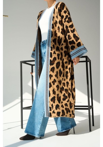 Eyesof Uzun Leopar Hırka - Camel-Mavi