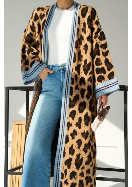 Eyesof Uzun Leopar Hırka - Camel-Mavi modelleri