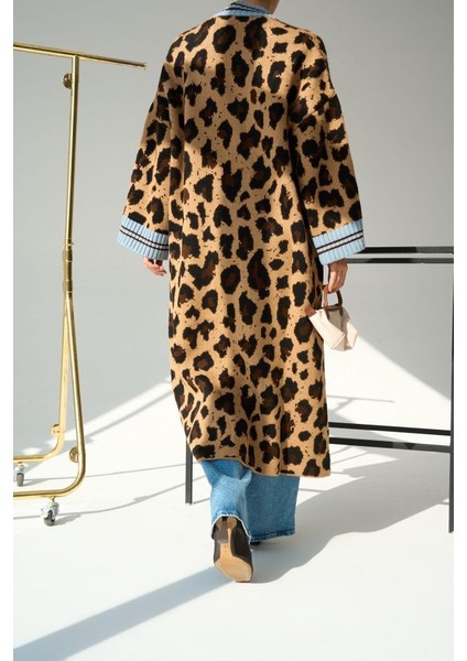 Eyesof Uzun Leopar Hırka - Camel-Mavi