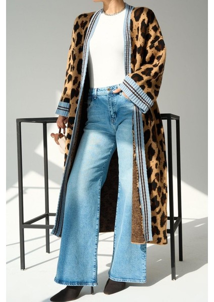 Eyesof Uzun Leopar Hırka - Camel-Mavi