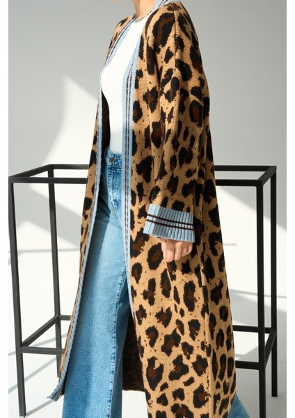 Eyesof Uzun Leopar Hırka - Camel-Mavi
