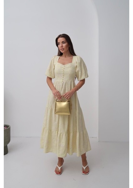 Eyesof Sarı Süs Düğmeli Balon Kollu Elbise fiyatları