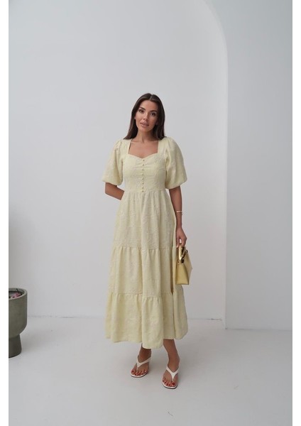 Eyesof Sarı Süs Düğmeli Balon Kollu Elbise modelleri