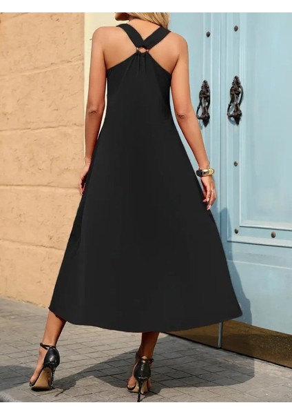 Eyesof Kadın Askılı V Yakalı Halka Detaylı Maksi Boy Viskon Elbise indirimleri