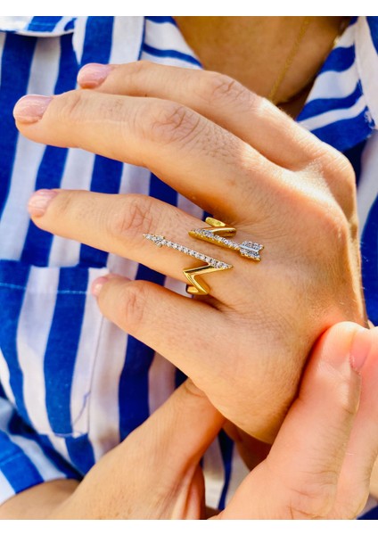 Altın Renk Zirkon Taşlı Zigzag Model Ayarlanabilir Ok Yüzük fırsatları