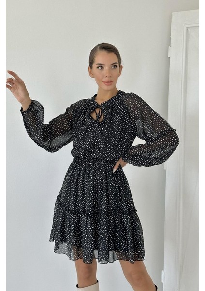 Eyesof Siyah Eteği Katlı Puantiyeli Elbise modelleri