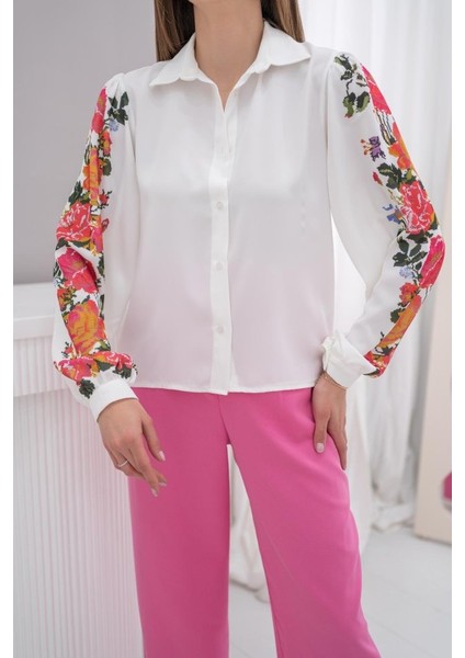Eyesof Beyaz Kolu Çiçekli Gömlek