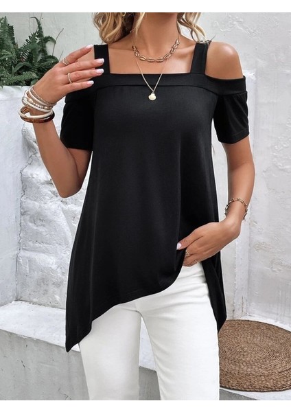 Eyesof Kadın Kısa Kollu Omuzlardan Açık Askılı Asimetrik Kesim Viskon Bluz