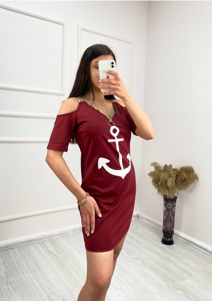 Eyesof Fermuar Detay Çıpa Baskılı Zincir Askılı Iki Iplik Elbise - Bordo modelleri