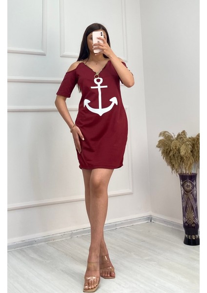 Eyesof Fermuar Detay Çıpa Baskılı Zincir Askılı Iki Iplik Elbise - Bordo indirimleri