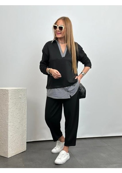 Eyesof Polo Yaka Gömlek Detay Salaş Balon Pantolunlu Ikılı Takım