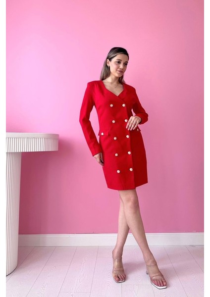 Eyesof Kırmızı Gold Düğmeli Ceket Elbise