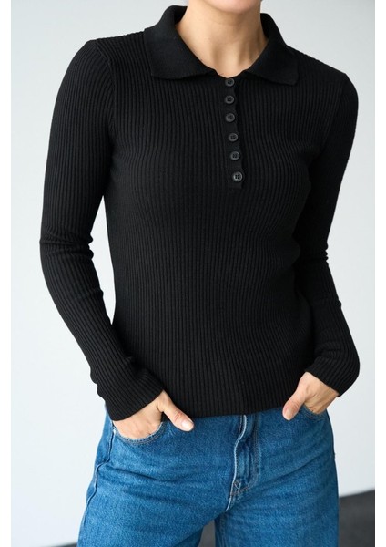 Eyesof Polo Yaka 6 Düğmeli Kazak - Siyah