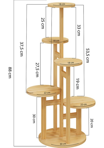 Bambu Yuvarlak Form 5 Raflı Saksılık Saksı Standı Çiçeklik Organizer DB-0036