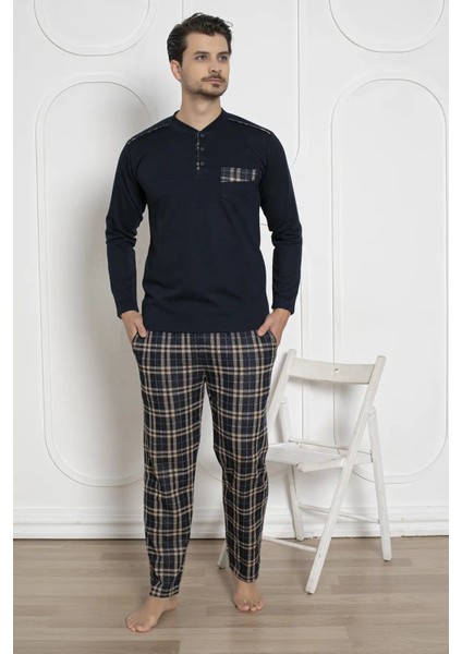 Erkek Ekose Desenli Likralı Pamuk Uzun Kol Kışlık Interlok Göğüs Cepli Pijama Takımı