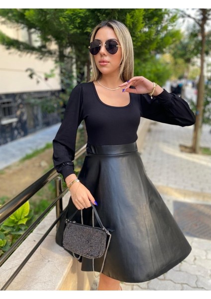 Eyesof Kadın Uzun Kollu Üst Viskon Alt Kloş Deri Elbise